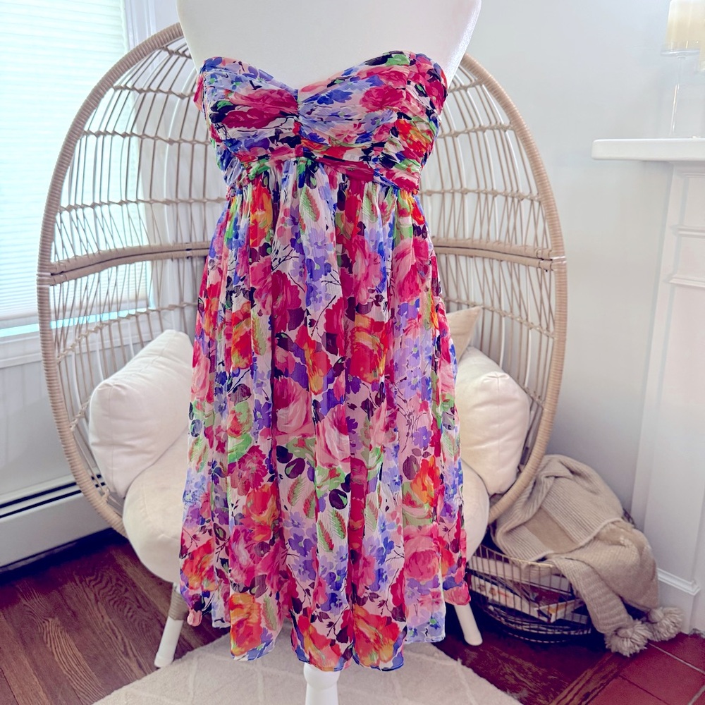 Betsey Johnson Strapless Silk Floral Dress Size 6 Made In USA Sweetheart Vintage